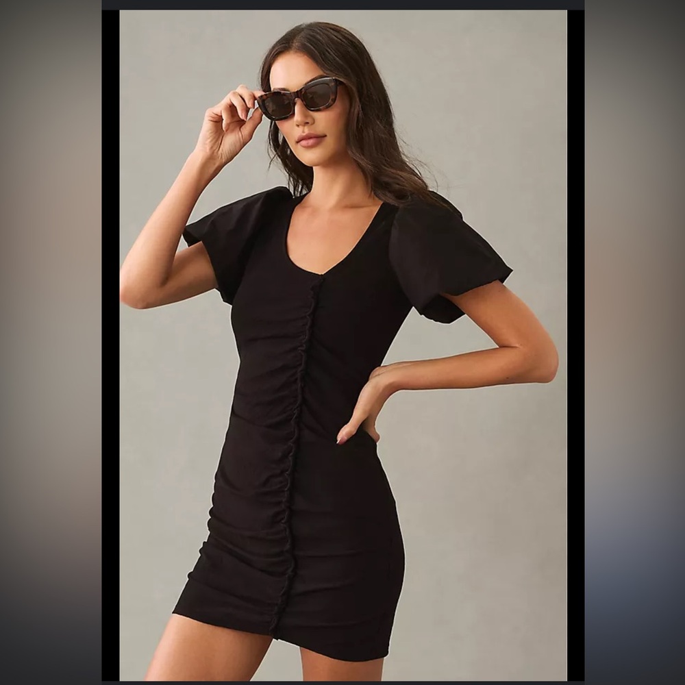 Nation LTD Los Angeles Sydney Cotton Puff Sleeve V Neck Dress Black Size Small